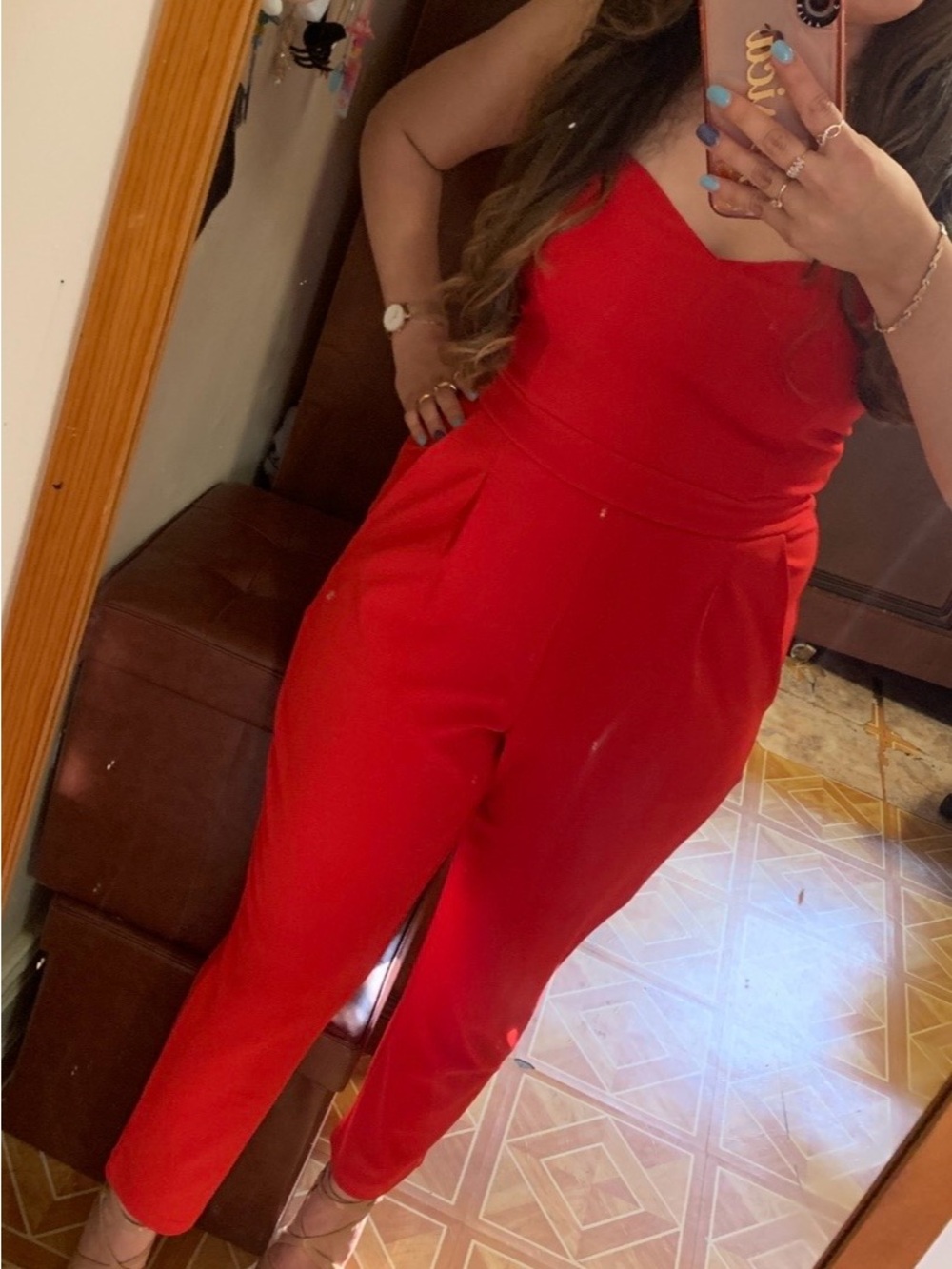 Express Red Strapless Jumpsuit